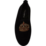 Dolce & Gabbana Elegant Black Leather Loafer Slides with Gold Embroidery Dolce & Gabbana Black