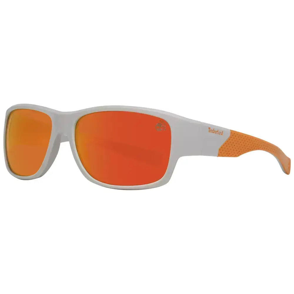 Timberland gray men sunglasses with gray plastic frame, multicolor polarized lenses, and 100% UVA & UVB protection, sport style.
