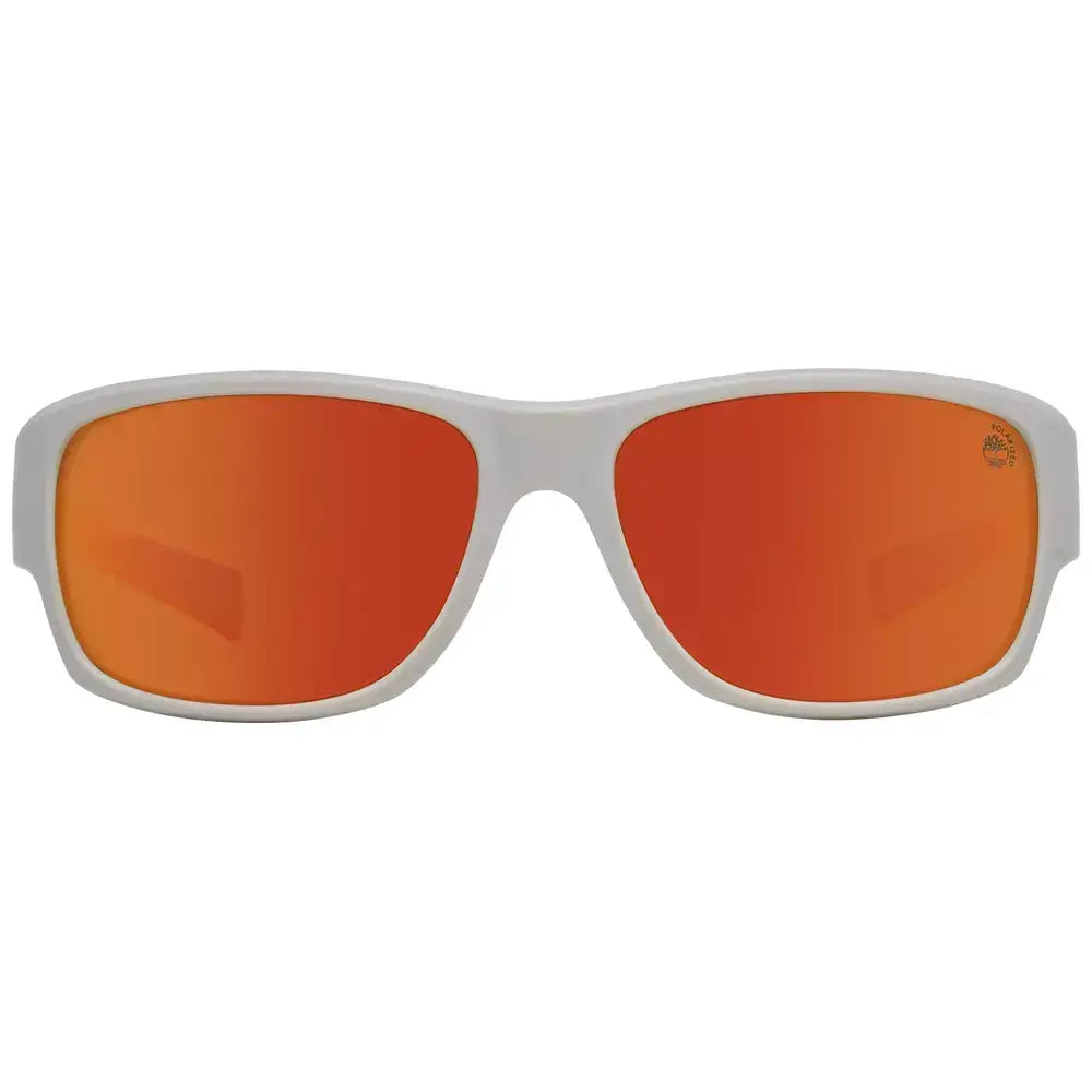 Timberland gray sport sunglasses with gray plastic frame, multicolor polarized lenses, and 100% UVA & UVB protection, for men.