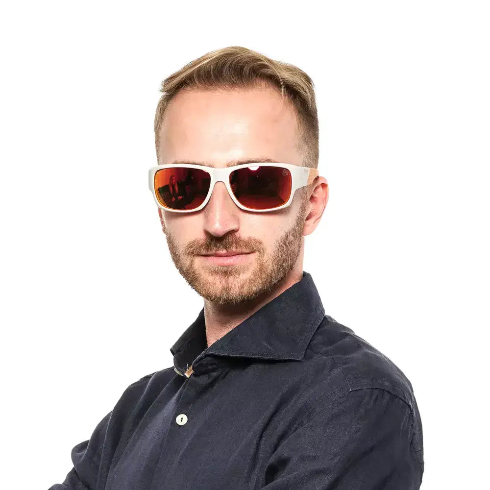 Man wearing Timberland gray sport sunglasses with multicolor polarized lenses, offering 100% UVA & UVB protection and plastic frame.