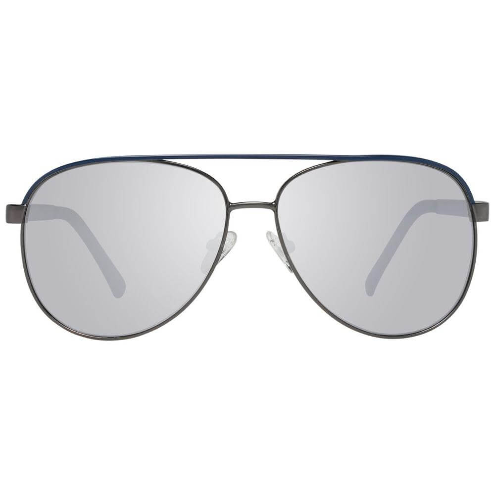 Aviator-style Guess gray men's sunglasses with gunmetal metal frame, mirrored grey plastic lenses providing 100% UVA & UVB protection.