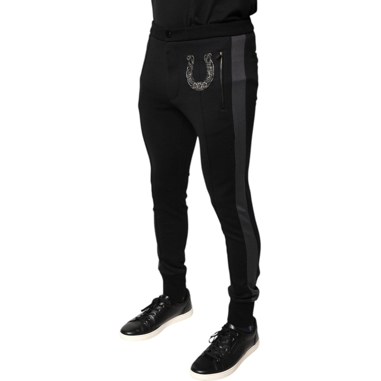 Dolce & Gabbana Black Horseshoe Embellished Wool Slim Fit Pants
