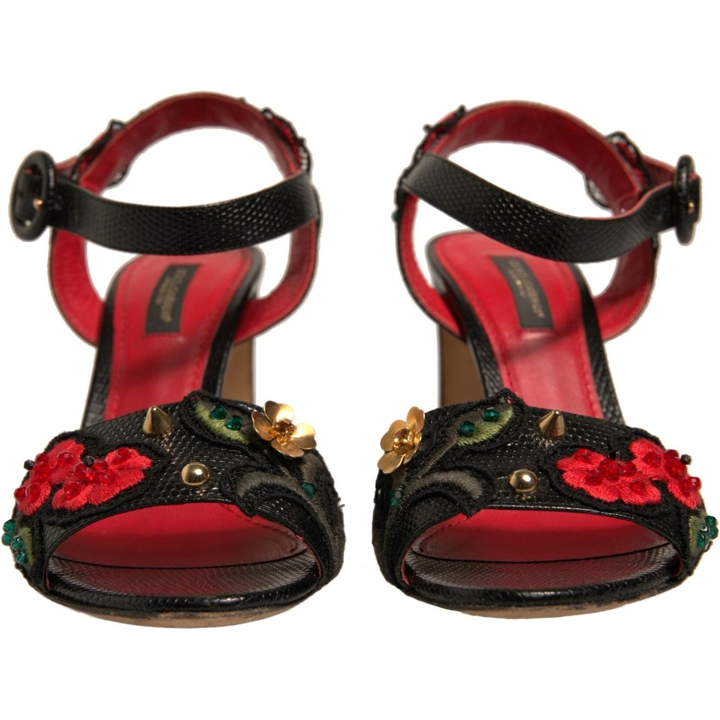 Dolce & Gabbana Black Embossed Carnation Heeled Sandals Shoes