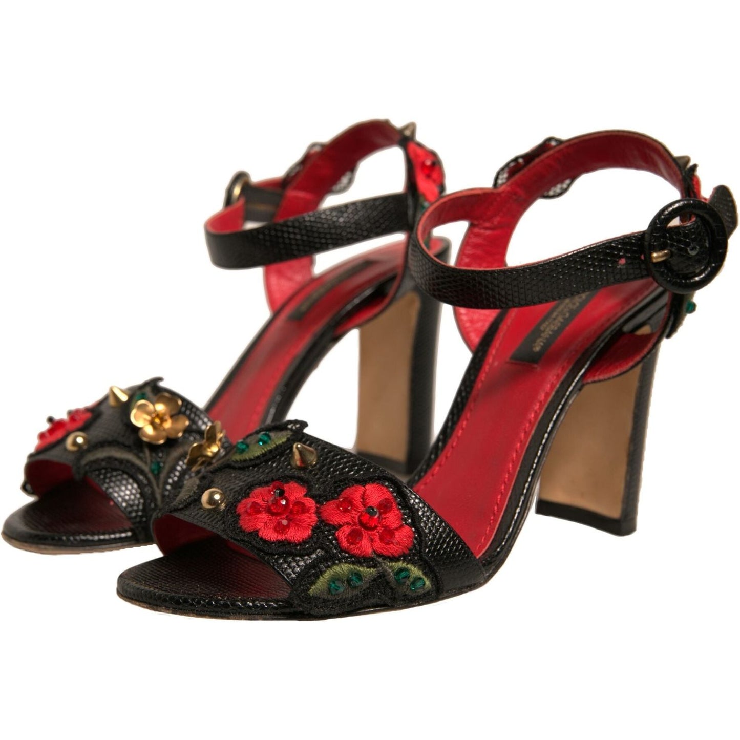 Dolce & Gabbana Black Embossed Carnation Heeled Sandals Shoes