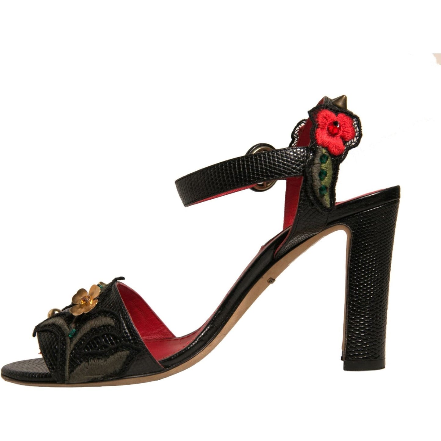 Dolce & Gabbana Black Embossed Carnation Heeled Sandals Shoes