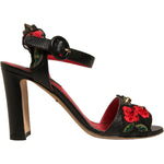 Dolce & Gabbana Black Embossed Carnation Heeled Sandals Shoes
