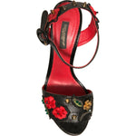 Dolce & Gabbana Black Embossed Carnation Heeled Sandals Shoes