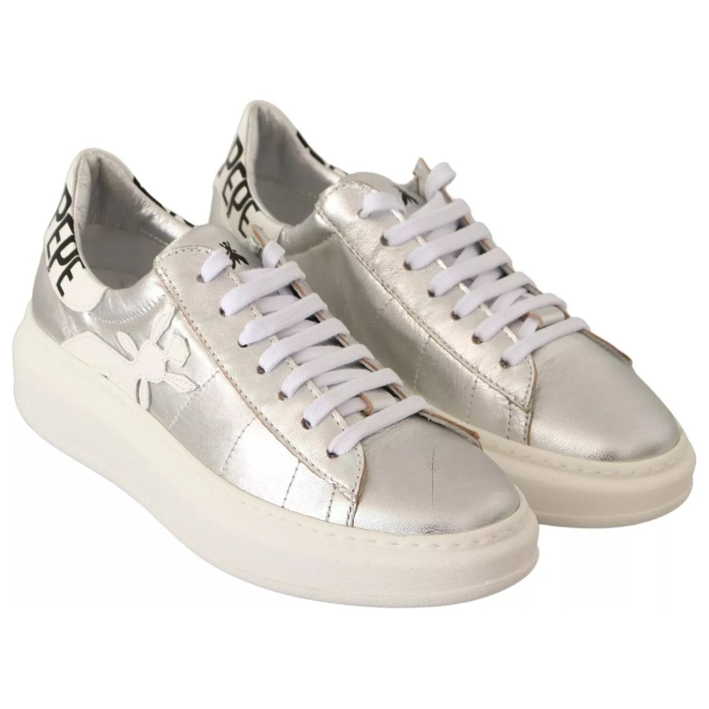 Patrizia Pepe Silver Full Grain Leather Lace Up Sneakers Shoes 1728,67345645728,EU35/US4.5,Material: Leather,Patrizia Pepe,Preowned / Defect,Shoes,Silver,Sneakers - Women - Shoes,Women,Women - Shoes Patrizia Pepe LA9356-35