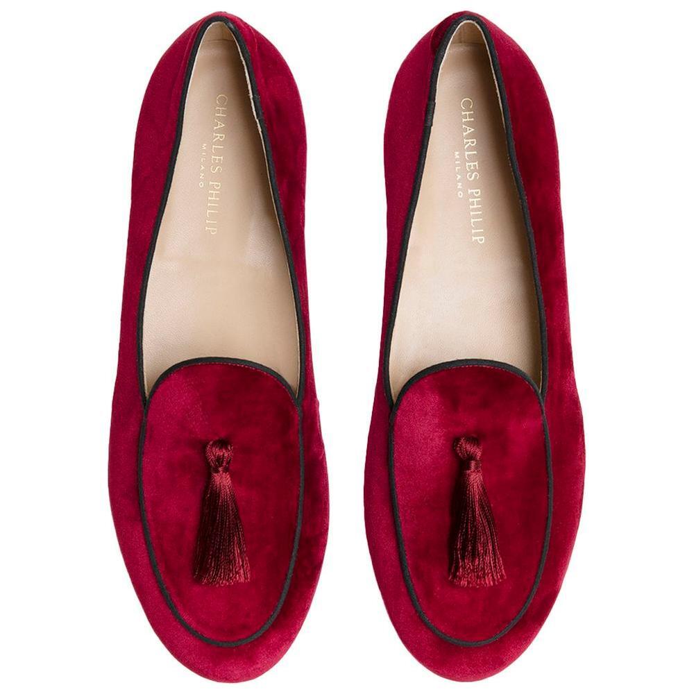 Charles Philip Red Velvet Loafer 1728,67346170016,Charles Philip,EU42.5/US9.5,EU45/US12,Loafers - Men - Shoes,Men,Men - Shoes,New with tags,Red,Shoes Charles Philip CH-15395-EU42.5/US9.5