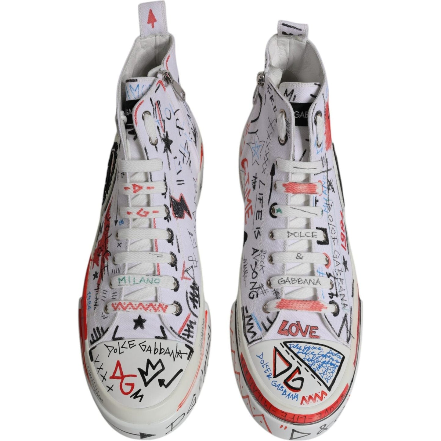 Dolce & Gabbana White Cotton Graffiti High Top Sneaker Shoes 1728,67345645728,Dolce & Gabbana,EU47/US14,Material: 90% Cotton 10% Leather,Men,New with tags,Sneakers - Men - Shoes,White Dolce & Gabbana MV6440-47