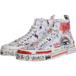 Dolce & Gabbana White Cotton Graffiti High Top Sneaker Shoes 1728,67345645728,Dolce & Gabbana,EU47/US14,Material: 90% Cotton 10% Leather,Men,New with tags,Sneakers - Men - Shoes,White Dolce & Gabbana MV6440-47