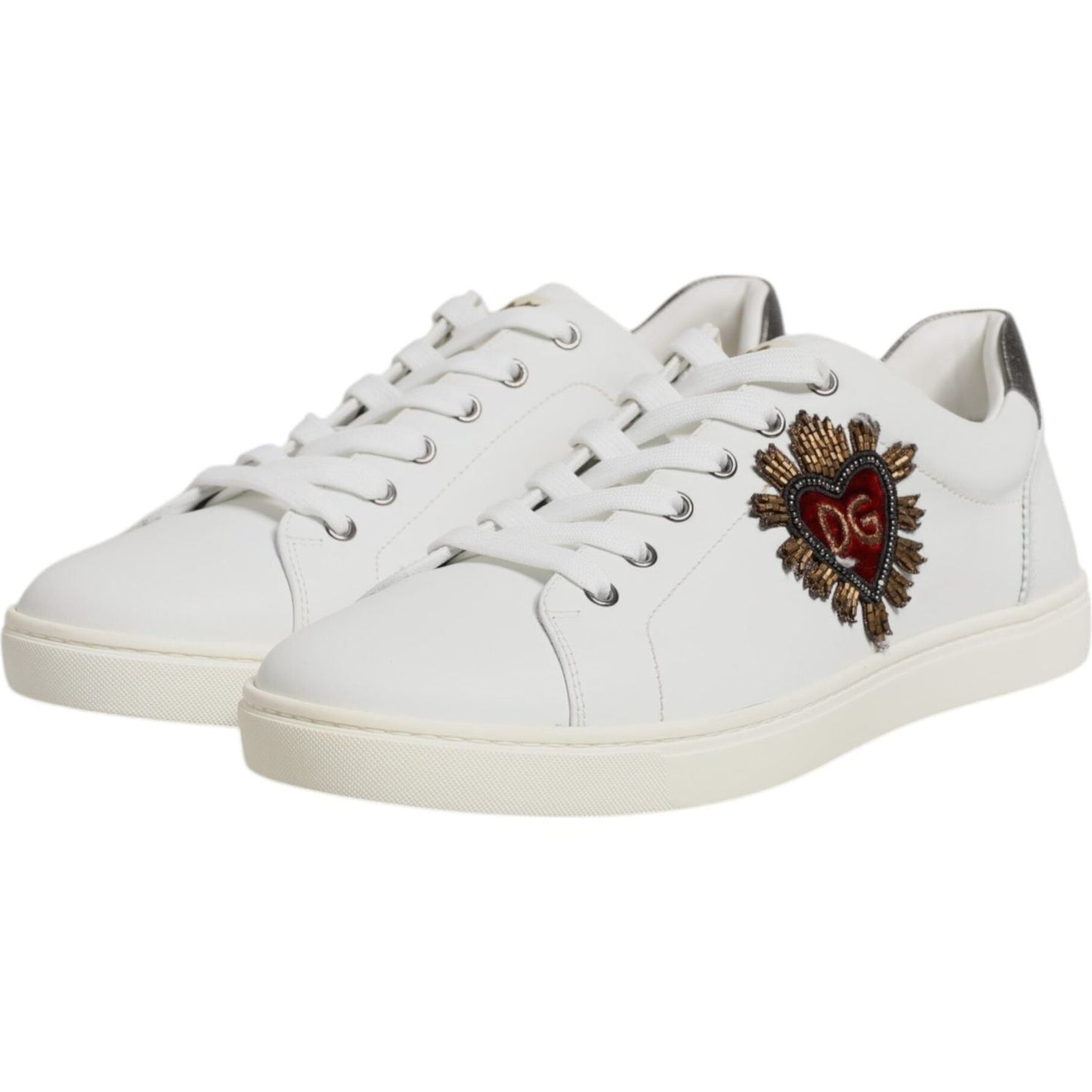 Dolce & Gabbana White Leather Heart Embellished Sneakers Shoes 1728,67345645728,Dolce & Gabbana,EU42/US9,Material: 100% Calf Leather,Men,Preowned / Defect,Sneakers - Men - Shoes,White Dolce & Gabbana MV7039#3-42