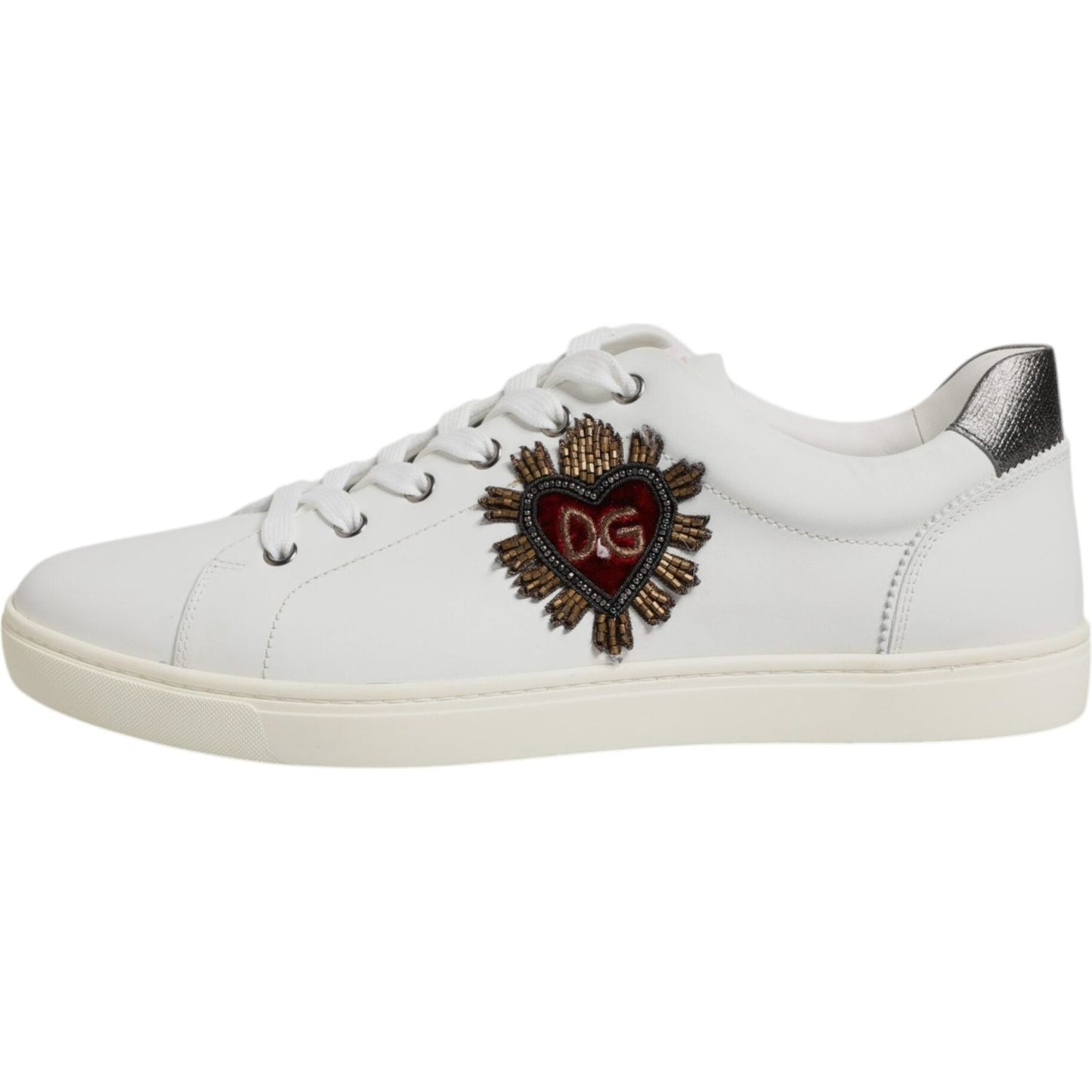 Dolce & Gabbana White Leather Heart Embellished Sneakers Shoes 1728,67345645728,Dolce & Gabbana,EU42/US9,Material: 100% Calf Leather,Men,Preowned / Defect,Sneakers - Men - Shoes,White Dolce & Gabbana MV7039#3-42