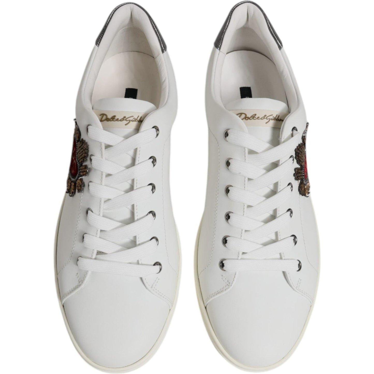 Dolce & Gabbana White Leather Heart Embellished Sneakers Shoes 1728,67345645728,Dolce & Gabbana,EU 41 | US 8,Material: 100% Calf Leather,Preowned / Defect,Sneakers - Men - Shoes,White,Women Dolce & Gabbana MV7039#5-41