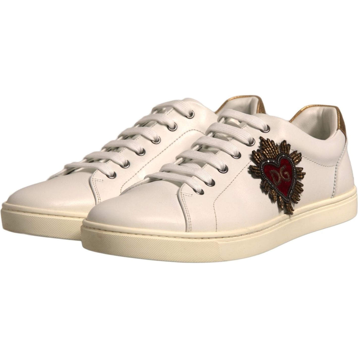 Dolce & Gabbana White Leather Heart Embellished Sneakers Shoes 1728,67345645728,Dolce & Gabbana,EU43/US10,Material: 100% Calf Leather,Men,Preowned / Defect,Sneakers - Men - Shoes,White Dolce & Gabbana MV6807#2-43