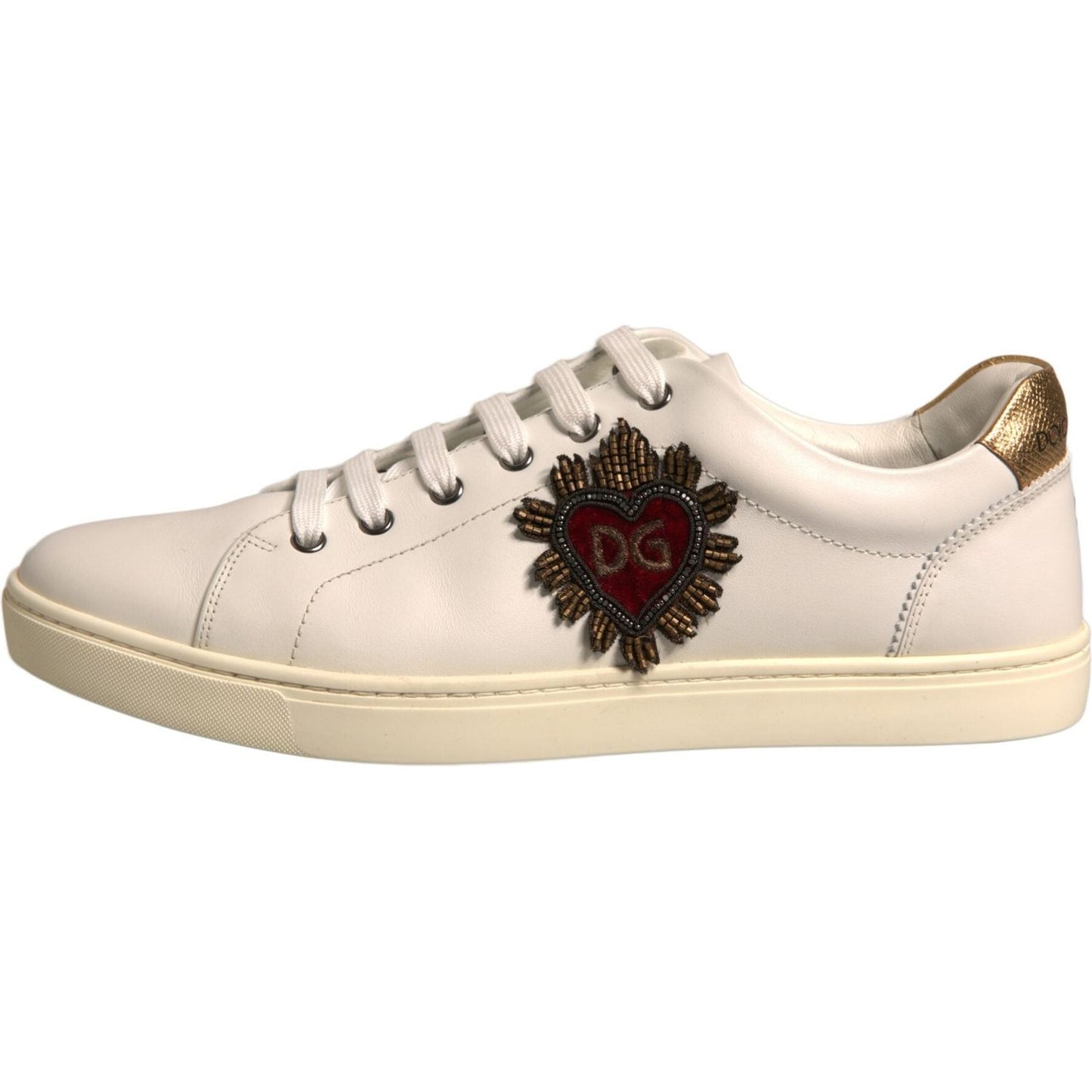 Dolce & Gabbana White Leather Heart Embellished Sneakers Shoes 1728,67345645728,Dolce & Gabbana,EU43/US10,Material: 100% Calf Leather,Men,Preowned / Defect,Sneakers - Men - Shoes,White Dolce & Gabbana MV6807#2-43