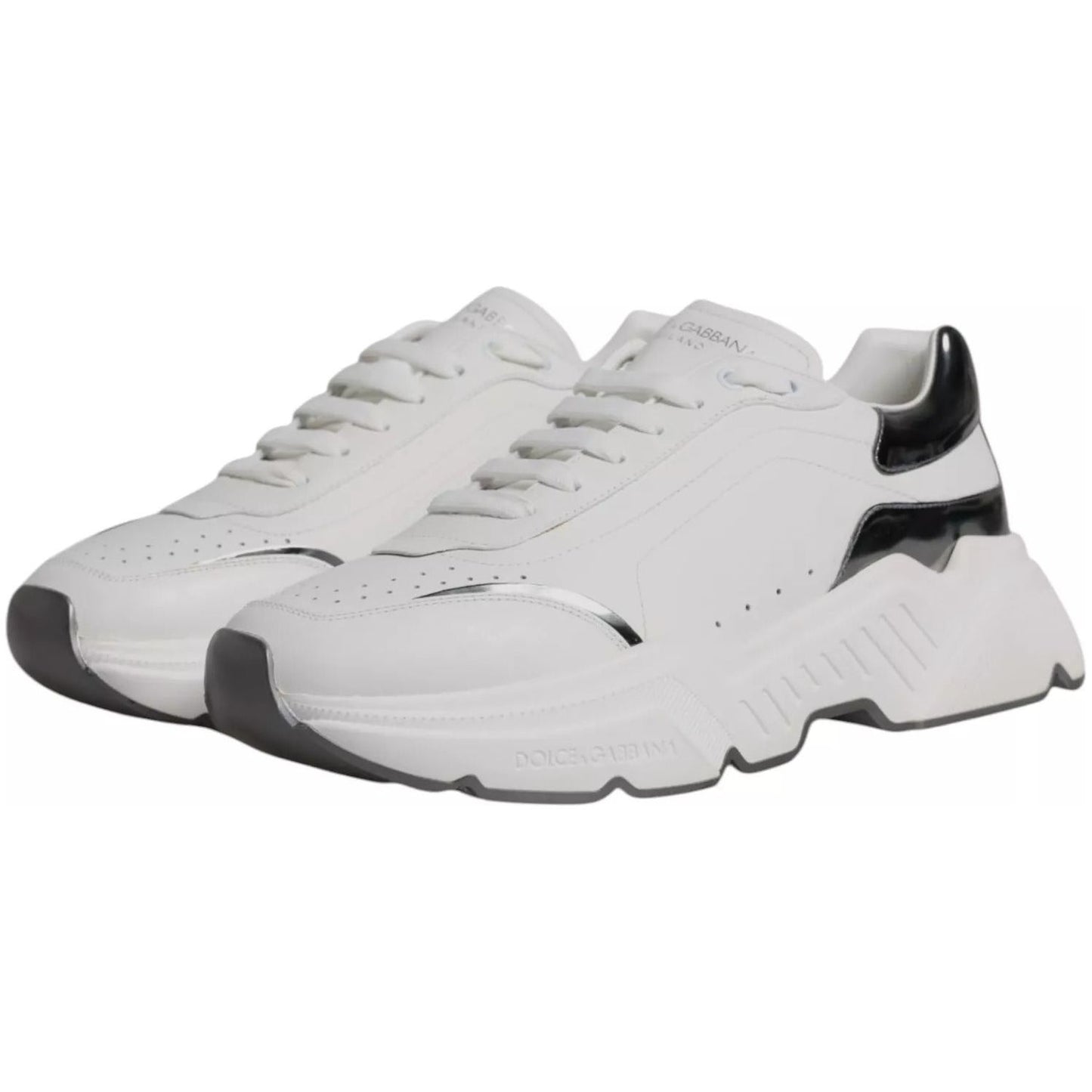 Dolce & Gabbana White Silver DAYMASTER Leather Sneakers Shoes 1728,67345645728,Dolce & Gabbana,EU44/US11,Material: 83% Calf Leather 10% PU 7% Polyester,Men,Preowned / Defect,Sneakers - Men - Shoes,White Dolce & Gabbana MV1433#1-44