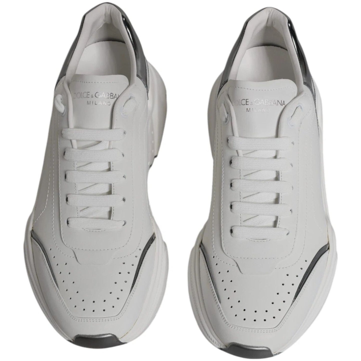 Dolce & Gabbana White Silver DAYMASTER Leather Sneakers Shoes 1728,67345645728,Dolce & Gabbana,EU44/US11,Material: 83% Calf Leather 10% PU 7% Polyester,Men,Preowned / Defect,Sneakers - Men - Shoes,White Dolce & Gabbana MV1433#1-44