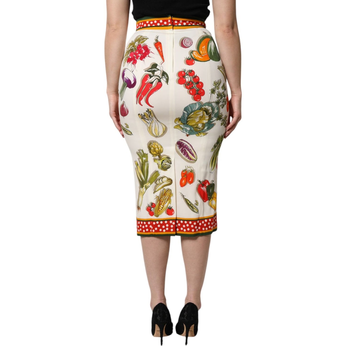 Dolce & Gabbana multicolor high waist pencil cut midi skirt with vibrant vegetable print, crafted in silk and elastane, back view.
