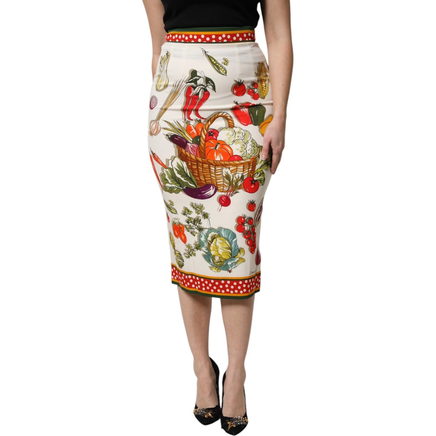 Dolce & Gabbana multicolor high waist midi skirt with vegetable print, silk blend, pencil cut, made in Italy, exclusive design.