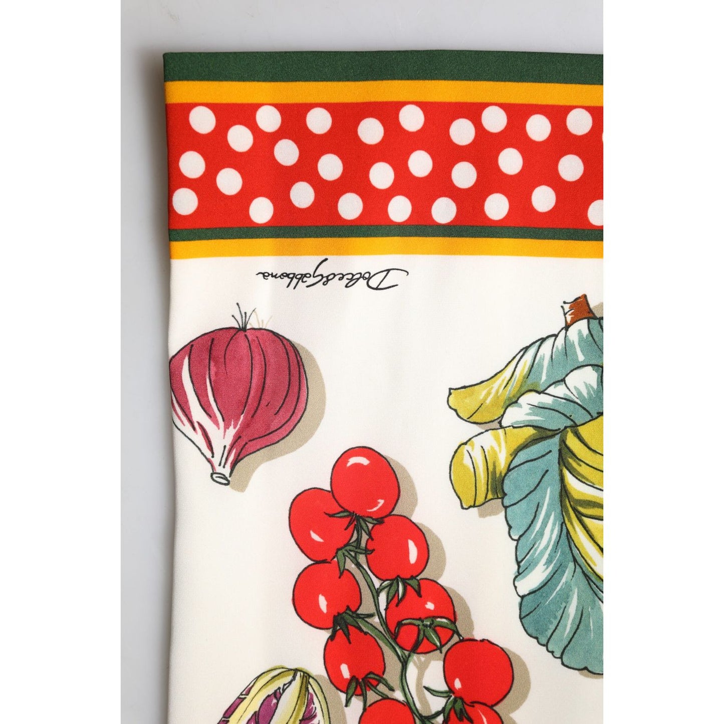 Dolce & Gabbana multicolor silk pencil skirt with vegetable print and polka dots, high waist midi, zipper closure, luxury fashion made in Italy.