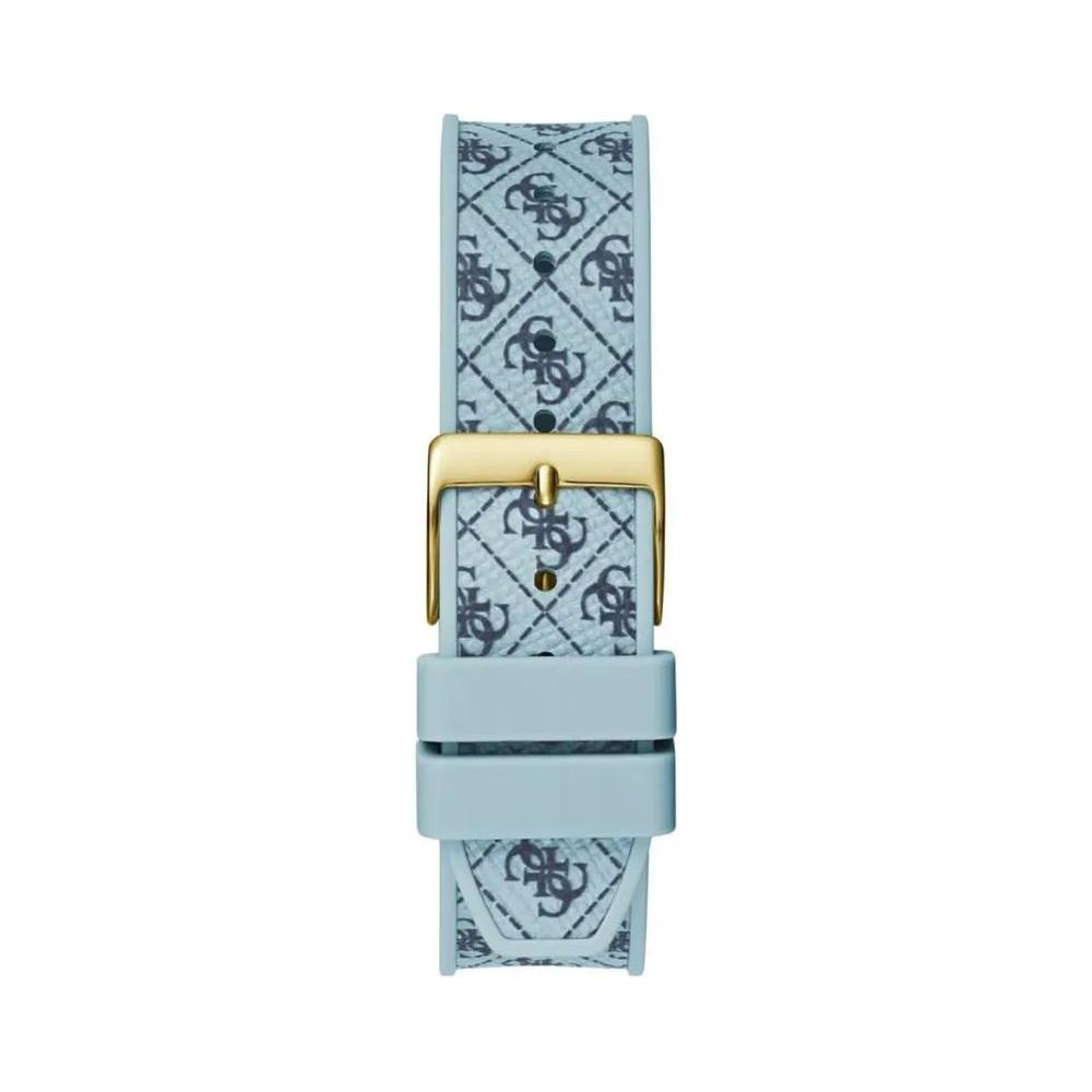 Blue Guess silicone watch strap with gold buckle, featuring logo pattern for stylish accessory.
