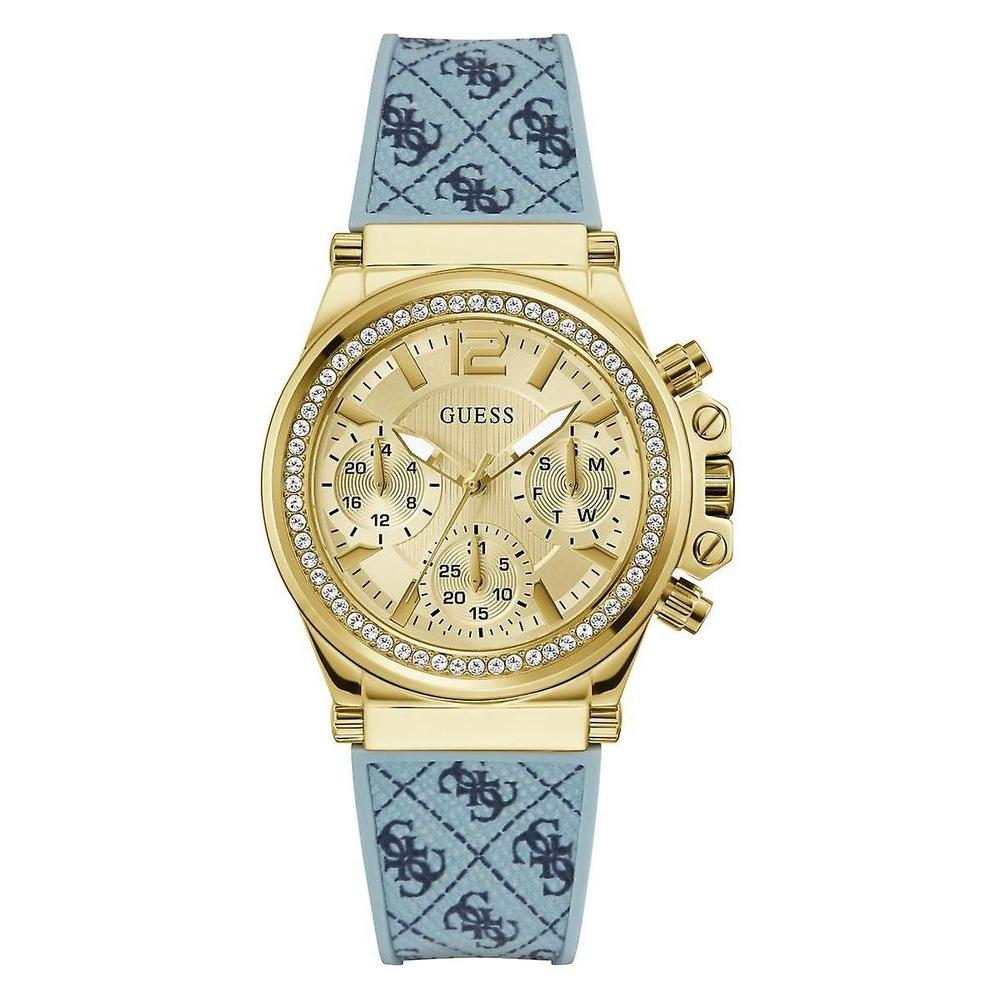 Stylish Guess blue synthetic watch with quartz mechanism, golden stainless steel case, blue silicone bracelet, dual-calendar display.