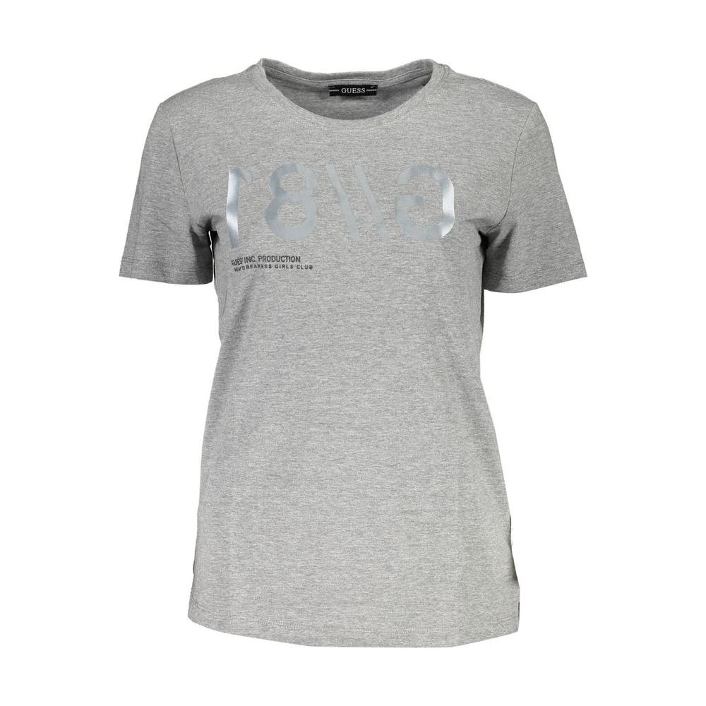 Guess Jeans Women's Gray Cotton T-Shirt with Logo Print, Short Sleeve, Wide Neck