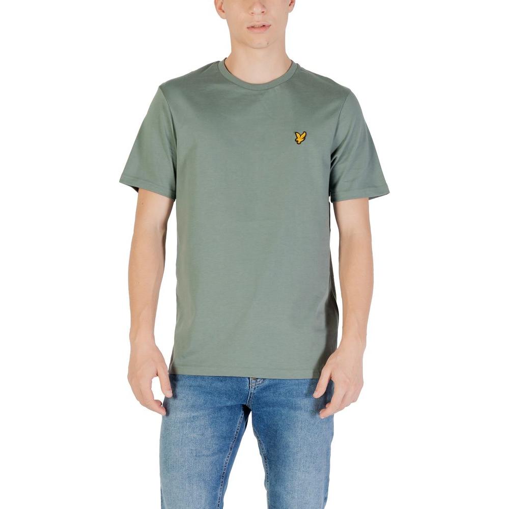 Man wearing Lyle & Scott green cotton T-shirt with logo, paired with jeans, showcasing casual and comfortable style for any occasion.