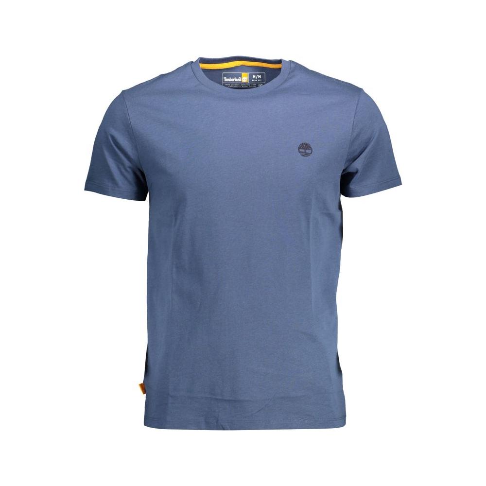 Timberland blue organic cotton men's T-shirt with logo, short sleeve, crew neck, sustainable fashion staple for comfort and style.