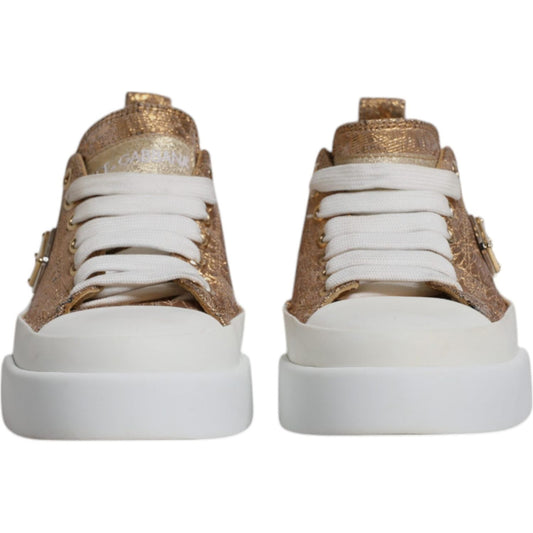Dolce & Gabbana Gold White Logo Low Top Sneakers Shoes 1728,67345645728,Dolce & Gabbana,EU35/US4.5,Gold,Material: 62% Calf Leather 27% Viscose 3% Polyester 5% Nylon 3% Acetate,Preowned / Defect,Shoes,Sneakers - Women - Shoes,Women,Women - Shoes Dolce & Ga