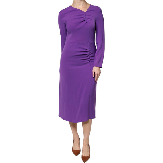 Max Mara Studio Purple Long Sleeves V-neck Sheath Midi Dress 1728,67345645728,Clothing,Dresses - Women - Clothing,IT42|M,Material: 73% Triacetate 27% Polyester,Max Mara Studio,Preowned / Defect,Purple,Women,Women - Clothing Max Mara Studio DR281384-42