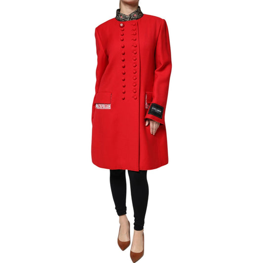 Dolce & Gabbana Red Jacquard Wool Women Trenchcoat Jacket 1728,67345645728,Clothing,Dolce & Gabbana,IT48 | XL,Jackets & Coats - Women - Clothing,Material: 55% Virgin Wool 27% Polyester 11% Cotton 4% Polyester Film Fiber 3% Silk,New with tags,Red,Women,Wom