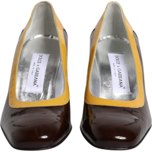 Dolce & Gabbana Yellow Brown Leather Block Heel Pumps Shoes 1728,67345645728,Dolce & Gabbana,EU39/US8.5,Material: Leather,Preowned / Defect,Pumps - Women - Shoes,Shoes,Women,Women - Shoes,Yellow Dolce & Gabbana LA12273-39