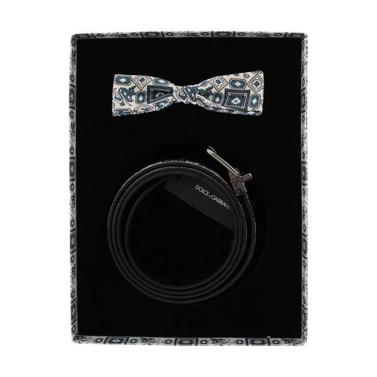 Dolce & Gabbana White Blue Silk Bowtie Leather Belt Gift Box Set 115 cm / 46 Inches,1728,67345645728,Accessories,Belt: 100% Leather,Belts - Men - Accessories,Blue and White,Dolce & Gabbana,Materials: Bowtie: 100% Silk,Men,Men - Accessories,New with tags D