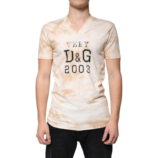 Dolce & Gabbana Beige Graphic Print Cotton V-neck T-shirt 1728,67345645728,Beige,Clothing,Dolce & Gabbana,IT48 | M,Material: 100% Cotton,Men,Men - Clothing,New with tags,T-Shirts - Men - Clothing Dolce & Gabbana TSH87663-48
