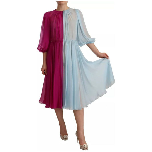 Dolce & Gabbana Fuchsia Light Blue Silk Two Tone Midi Dress 1728,67345645728,Clothing,Dolce & Gabbana,Dresses - Women - Clothing,Fuchsia,IT38 | XS,Material: 100% Silk,Preowned / Defect,Women,Women - Clothing Dolce & Gabbana DR28277-38