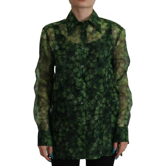 Dolce & Gabbana Green Clover Print Long Sleeves Collared Top Blouse 1728,67345645728,Clothing,Dolce & Gabbana,Green,IT38 | XS,Material: 100% Silk,New with tags,Tops & T-Shirts - Women - Clothing,Women,Women - Clothing Dolce & Gabbana TSH7863-38