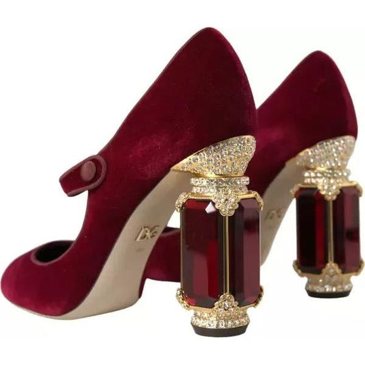Dolce & Gabbana Red Velvet Gold Crystals Heels Mary Janes Shoes 1728,26% Viscose,67345645728,Dolce & Gabbana,EU40/US9.5,Material: 74% Cotton,Preowned / Defect,Pumps - Women - Shoes,Red,Shoes,VELVET,Women,Women - Shoes Dolce & Gabbana LA10580#2-40