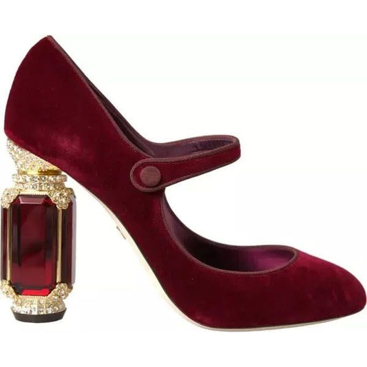 Dolce & Gabbana Red Velvet Gold Crystals Heels Mary Janes Shoes 1728,26% Viscose,67345645728,Dolce & Gabbana,EU40/US9.5,Material: 74% Cotton,Preowned / Defect,Pumps - Women - Shoes,Red,Shoes,VELVET,Women,Women - Shoes Dolce & Gabbana LA10580#2-40
