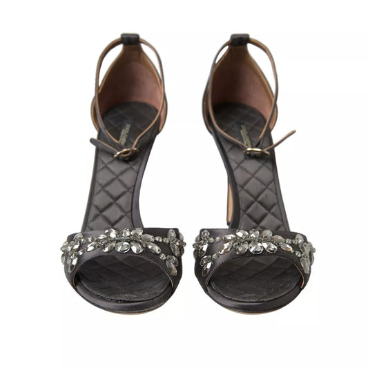 Dolce & Gabbana Gray Satin Ankle Strap Crystal Sandals Shoes 1728,67345645728,Dolce & Gabbana,EU37/US6.5,Gray,Preowned / Defect,Sandals - Women - Shoes,Shoes,Women,Women - Shoes Dolce & Gabbana LA10371-37