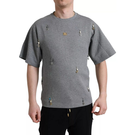 Dolce & Gabbana Gray Cotton Embellished Crew Neck T-shirt 1728,67345645728,Clothing,Dolce & Gabbana,Gray,Men,Men - Clothing,Preowned / Defect,T-Shirts - Men - Clothing,XS Dolce & Gabbana TSH84631-XS