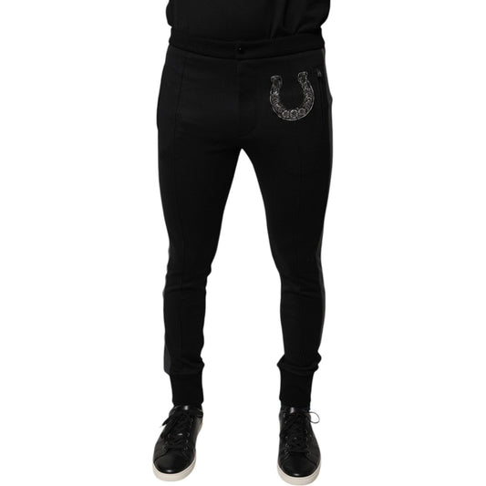 Dolce & Gabbana Black Horseshoe Embellished Wool Slim Fit Pants