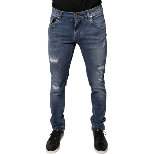 Dolce & Gabbana Blue Tattered Cotton Stretch Skinny Denim Jeans