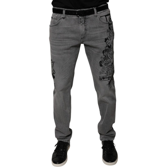 Dolce & Gabbana Gray Graphic Print Cotton Skinny Denim Jeans