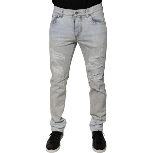 Dolce & Gabbana Light Blue Cotton Blend Tattered Skinny Denim Jeans