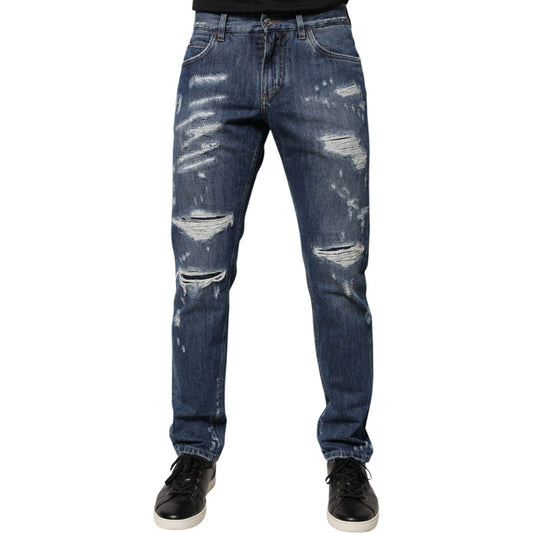 Dolce & Gabbana Blue Cotton Tattered Skinny Denim Jeans
