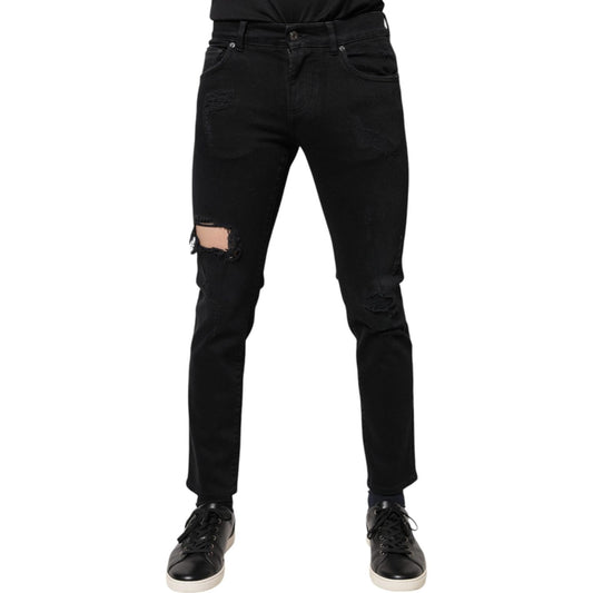 Dolce & Gabbana Black Cotton Tattered Skinny Denim Logo Jeans
