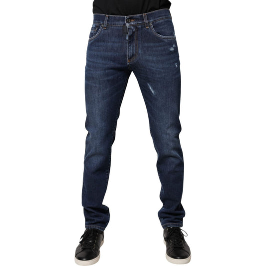 Dolce & Gabbana Blue Cotton Logo Print Slim Fit Denim Jeans