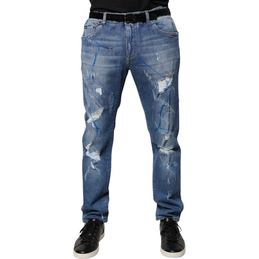 Dolce & Gabbana Blue Cotton Stretch Tattered Skinny Denim Jeans